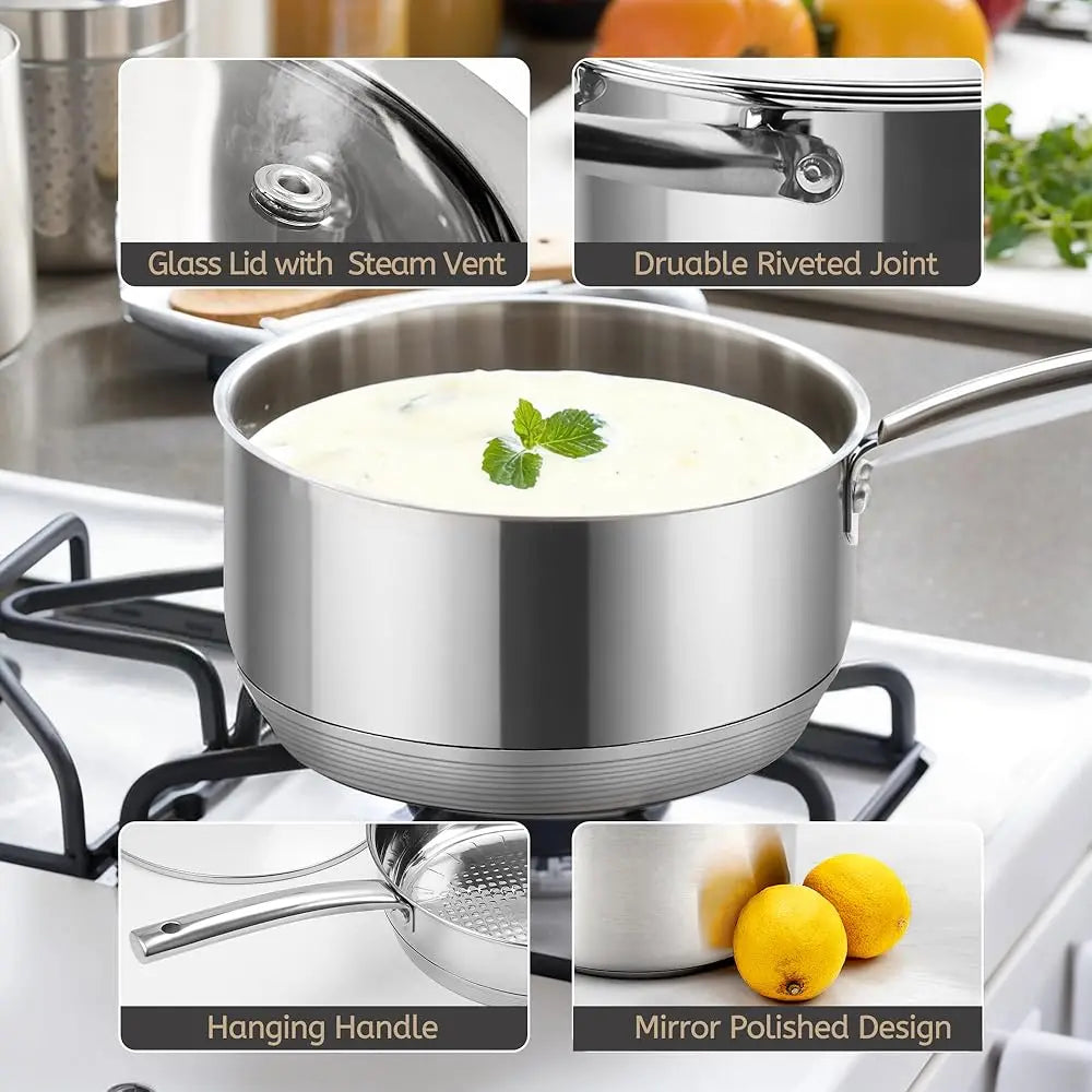 15-Piece Stainl Steel Pots And Pan Set, Kitchen Cookware Set Lude Steamer, Frying Basket And Utensil Sets, Non Toxic,