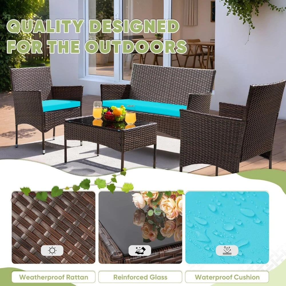 Patio Conversation Set Four Pieces Outdoor Wicker Rattan Chairs - Ky Ky Kiwi