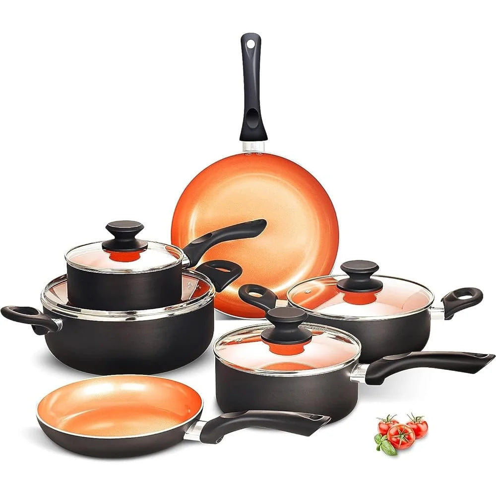 10pcs Ceramic Nonstick Cookware Set Aluminum Fry Pans Soup Pots Induction Gas Compatible Kitchen Utensils Easy Clean Cooking