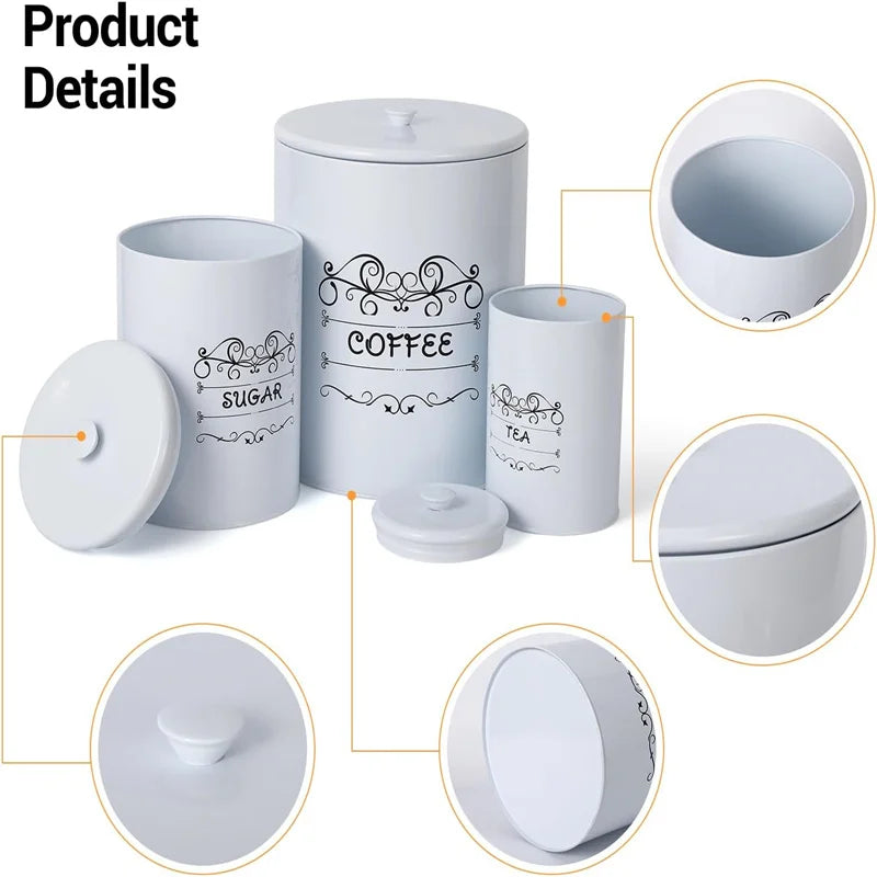 Kitchen Canisters Set of 3, Food Storage Containers with Airtight Lids, Countertop Coffee Tea Sugar Canisters for Home Decor, Wh
