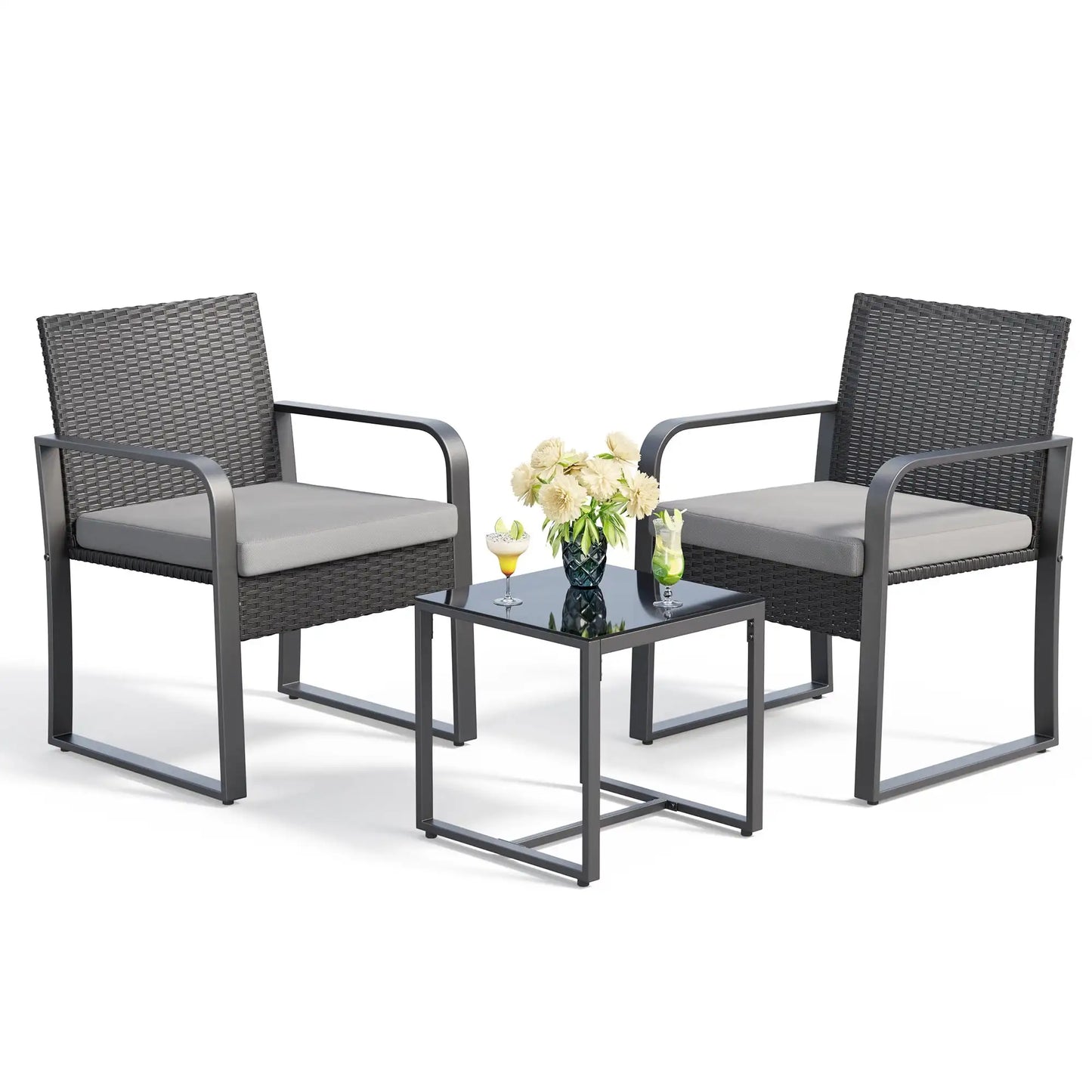 Outdoor Rattan Patio Chairs Set with Glass Coffee Table - Ky Ky Kiwi