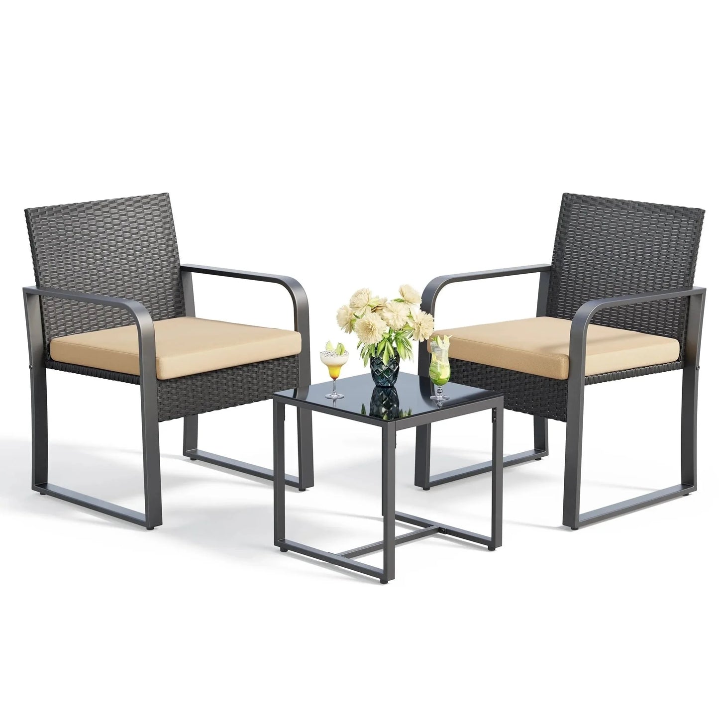 Rattan Patio Chair Set with Glass Coffee Table for Outdoor - Ky Ky Kiwi