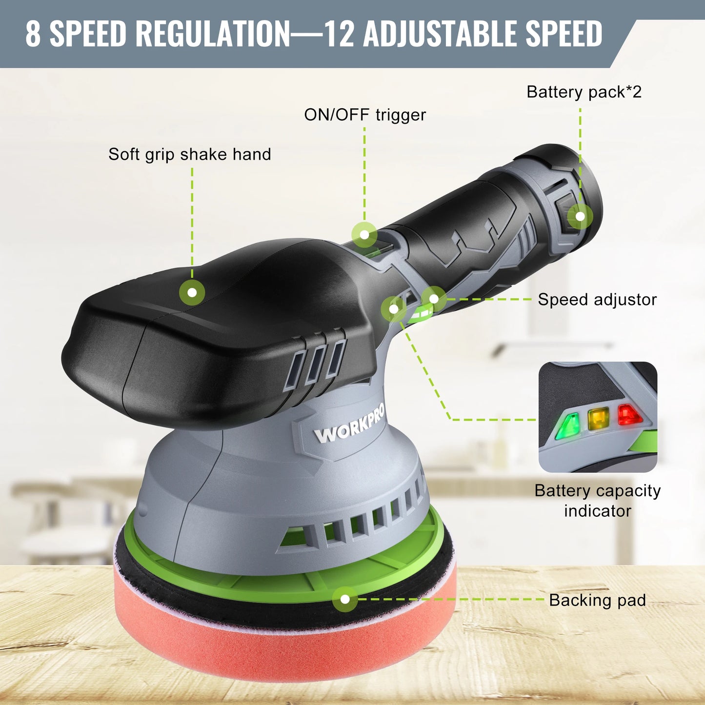WORKPRO Cordless Car Buffer Polisher 6-Inch Dual Action Polisher for Car Detailing with 2 pcs 12V Rechargeable Battery,