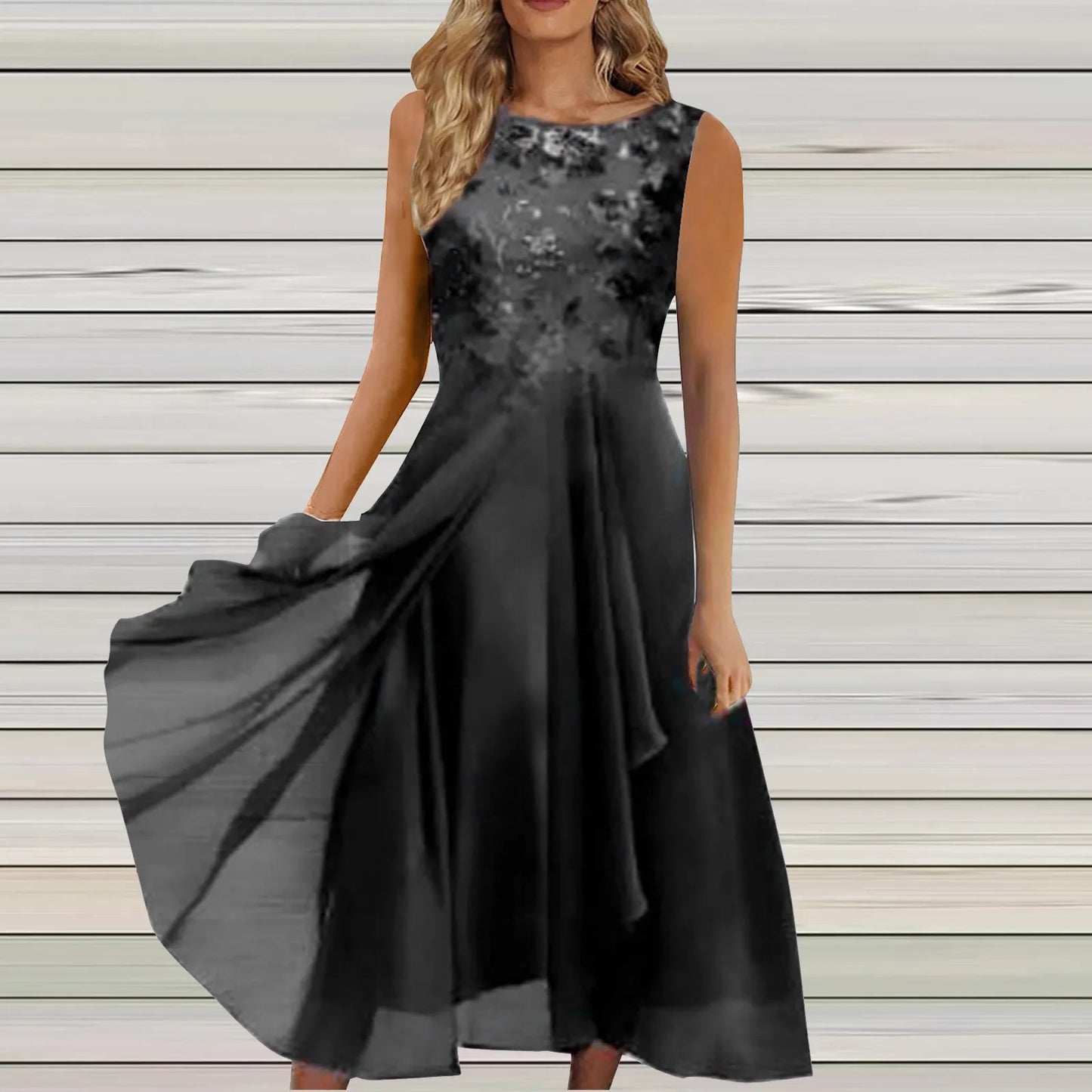Women'S Dress Chiffon Elegant Lace Patchwork Dress Cut-Out Sleeveless Dress Bridesmaid Evening Dress Ropa De Mujer