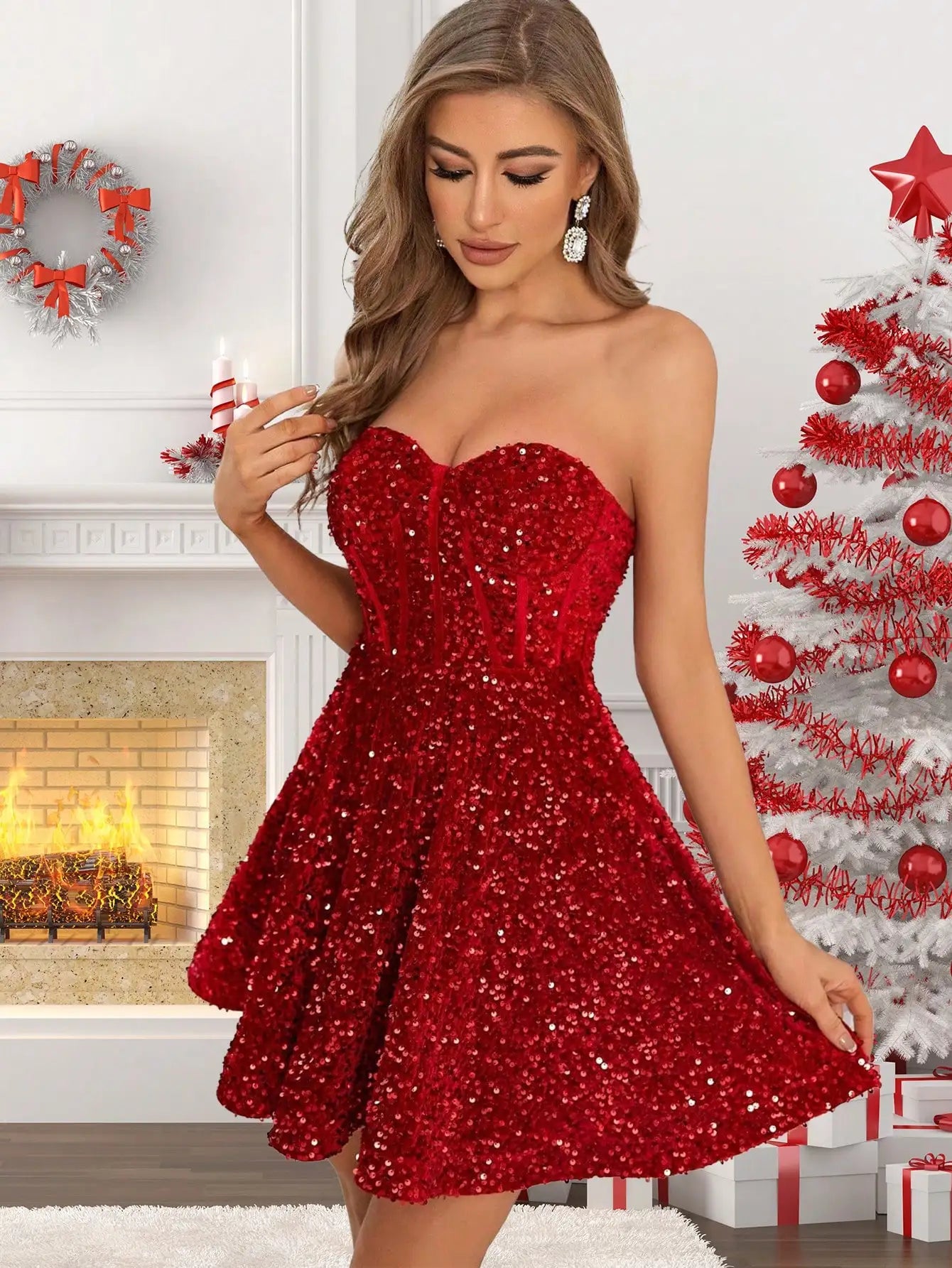 2025 Valentine's Day Sexy Red Strapless Sequin Dress - Elegant Cocktail/Evening Outfit for Prom, Xmas, NY & Events