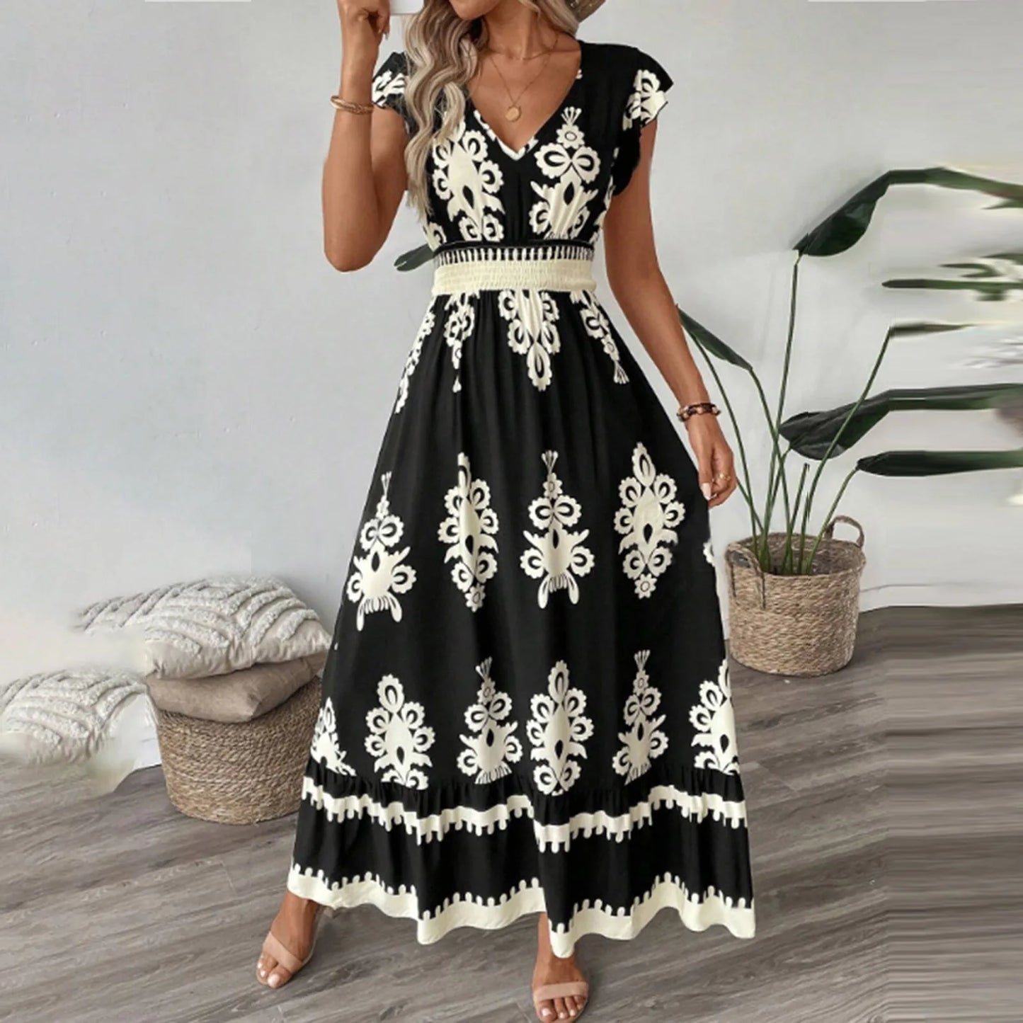 Fashion Sleeveless Maxi Boho Dress Women 2025 Summer Print Waist Bohemian Elegant Short Sleeve Dresses For Women Robe Femme