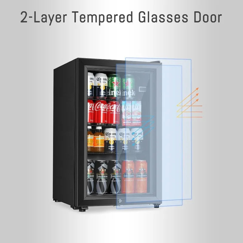 Beverage Refrigerator With 80 Can,Freestanding Beverage Cooler For Office, Home|Double Glass Door&Adjustable Shelving