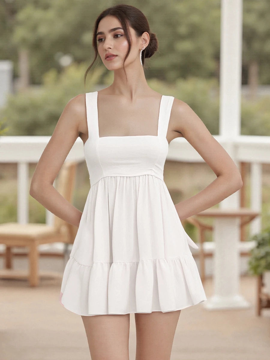 Women s Elegant Sleeveless V-Neck Ruffle Tiered Mini Dress with Open Back and Pockets - Chic A-Line Summer Dress