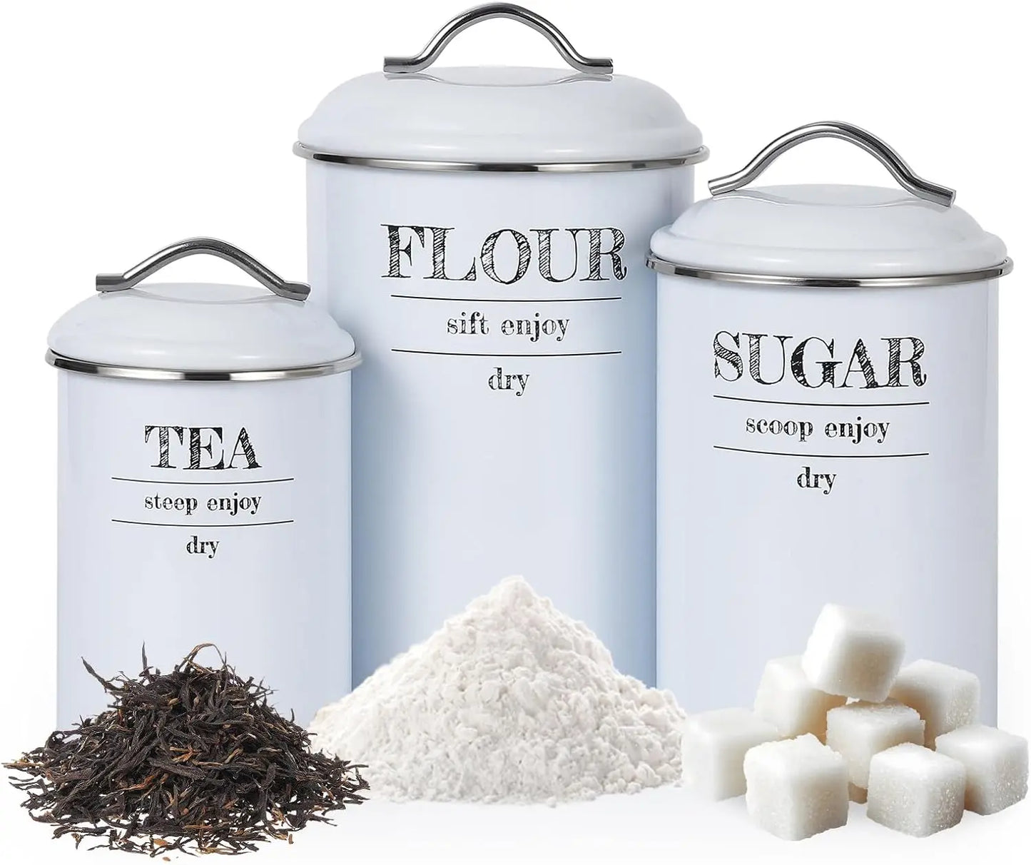 Kitchen Canisters Set of 3, Food Storage Containers with Airtight Lids, Countertop Coffee Tea Sugar Canisters for Home Decor, Wh