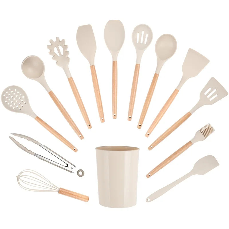 14pcs Kitchen Cooking Utensil Set with Caddy Heat Resistant Silicone Tools Non Stick Cookware Food Safe BPA Free Dishwasher Safe