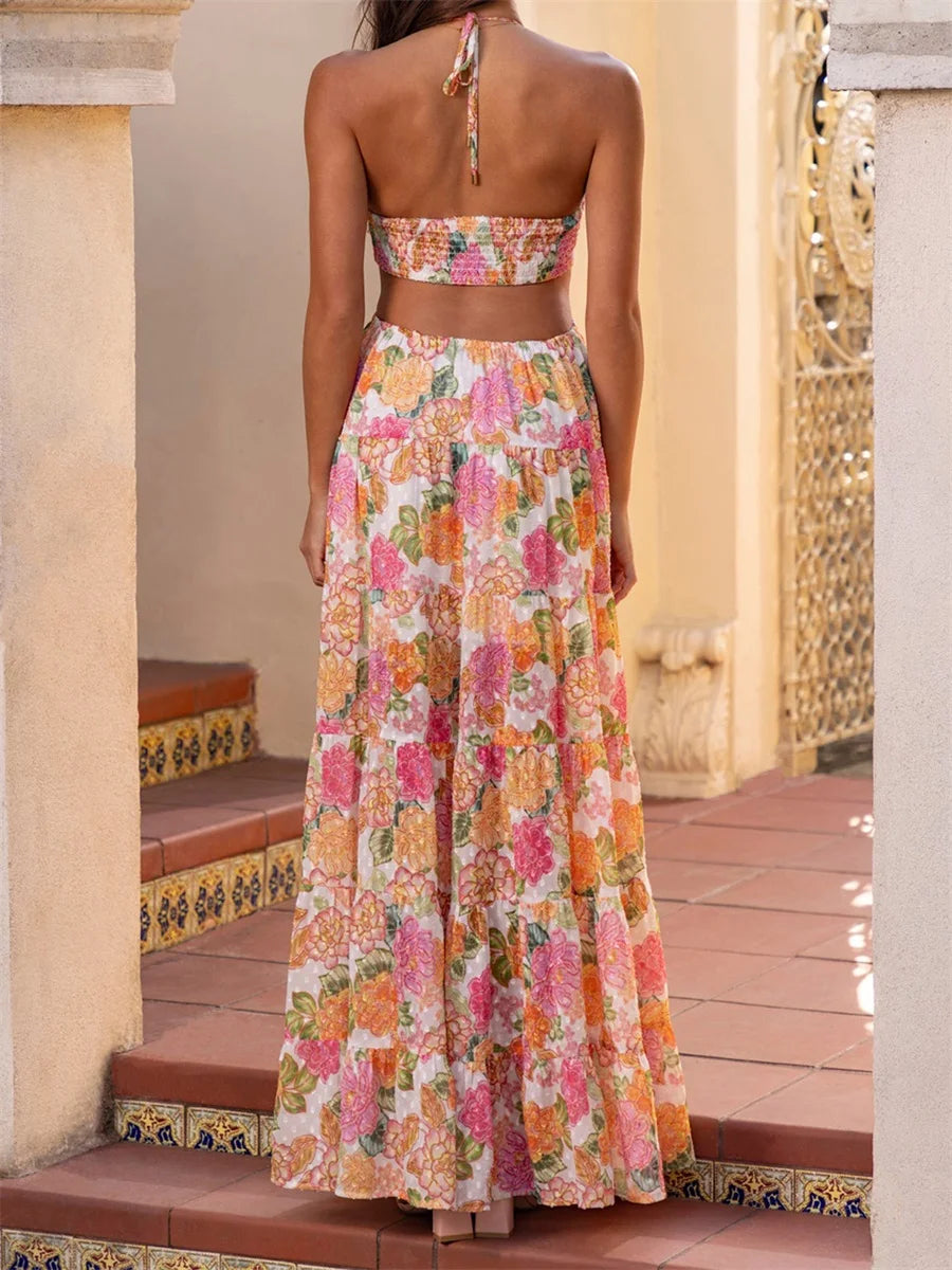 Elegant Maxi Dress with V-Neckline and Ruffle Detailing Boho Chic Sleeveless Floral Print Summer Dress for Women