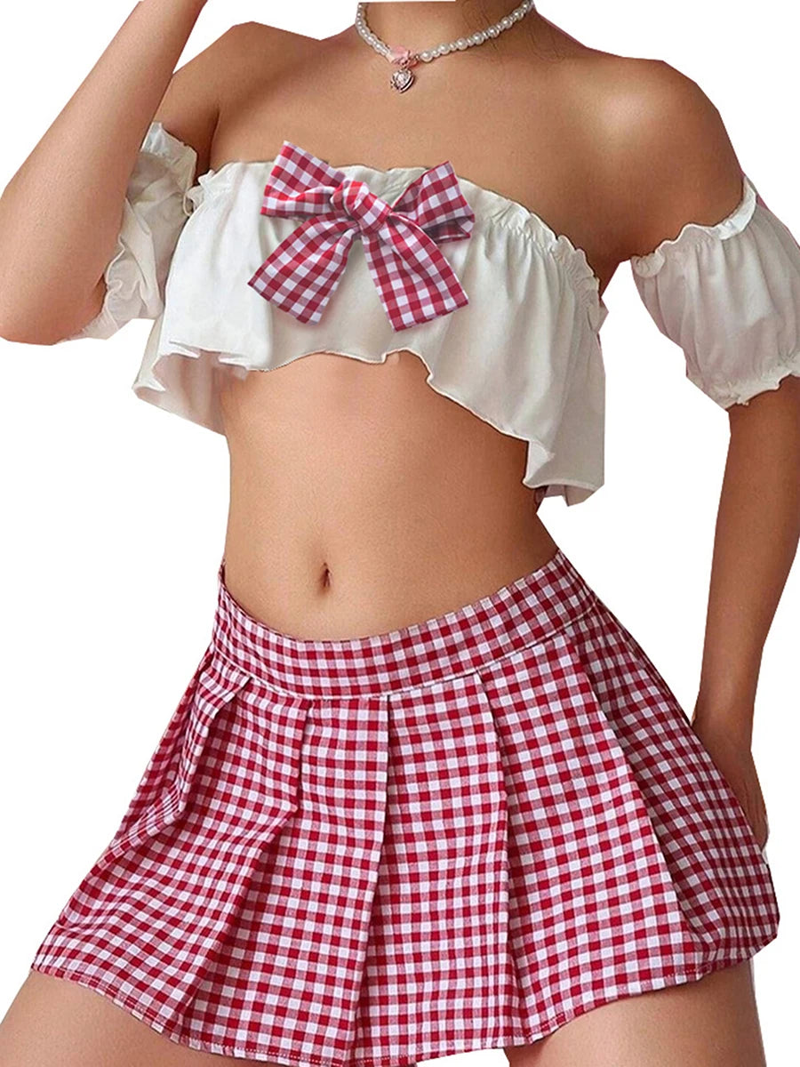 Sexy School Girl Costume Set Bow Strapless Bra Plaid Mini Skirt Arm Sleeves Babydoll Sleepwear Outfit for Women