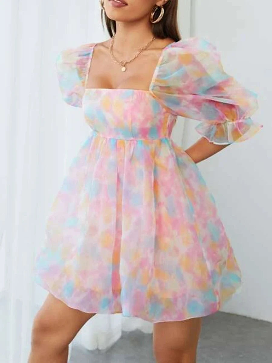 Women s Summer Casual A-line Dress Short Puff Sleeve Square Neck Colorful Pattern Print Dress