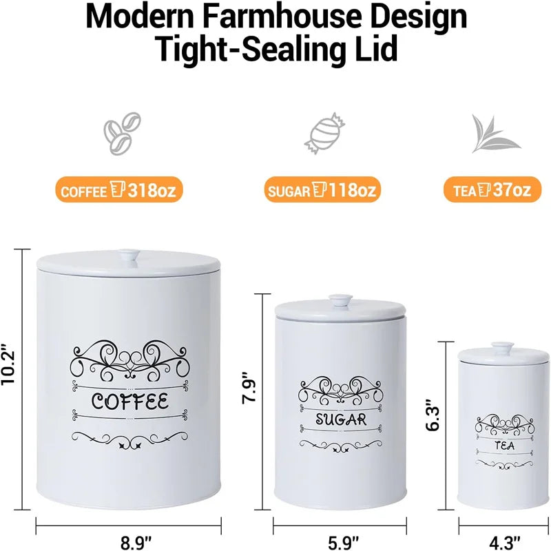 Kitchen Canisters Set of 3, Food Storage Containers with Airtight Lids, Countertop Coffee Tea Sugar Canisters for Home Decor, Wh