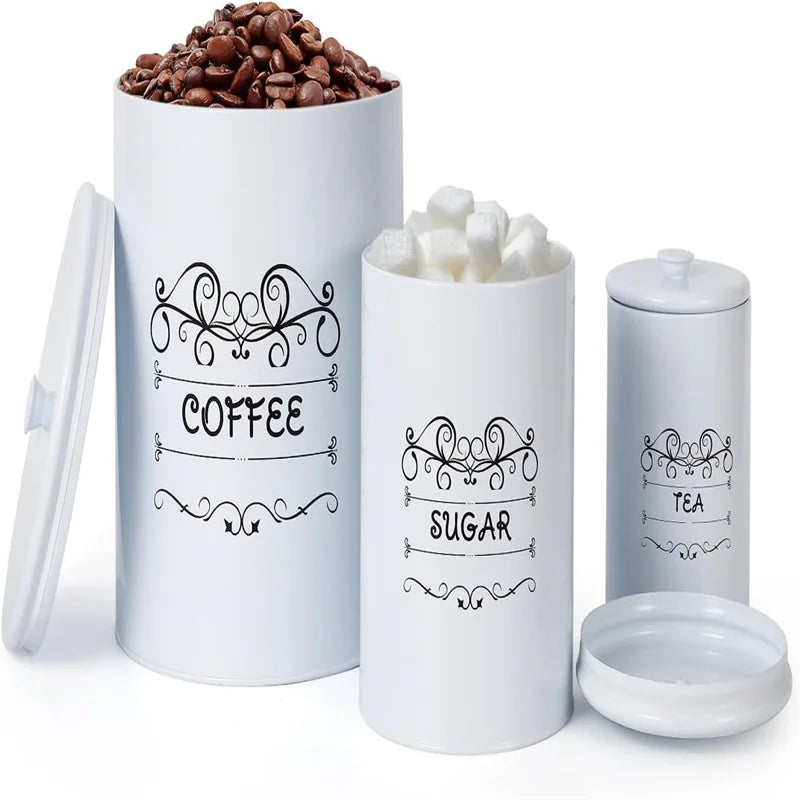 Kitchen Canisters Set of 3, Food Storage Containers with Airtight Lids, Countertop Coffee Tea Sugar Canisters for Home Decor, Wh