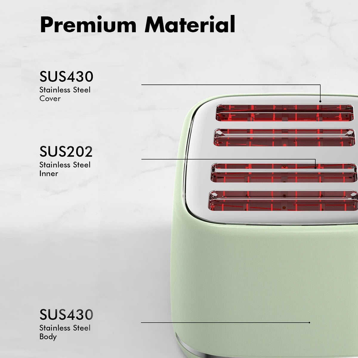 4 Slice Toaster, Extra Wide Slots, Retro Stainless Steel Toasters, 6 Browning Options, Auto Shut Off & Frozen Function, Green