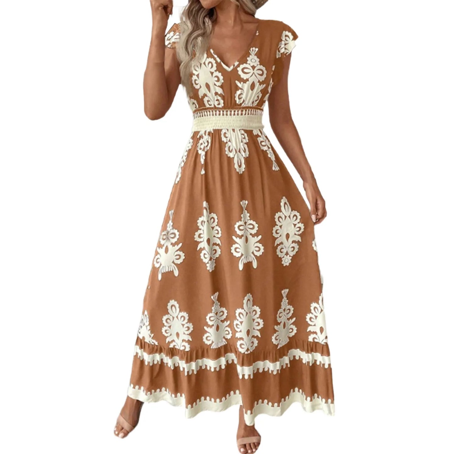 Fashion Sleeveless Maxi Boho Dress Women 2025 Summer Print Waist Bohemian Elegant Short Sleeve Dresses For Women Robe Femme