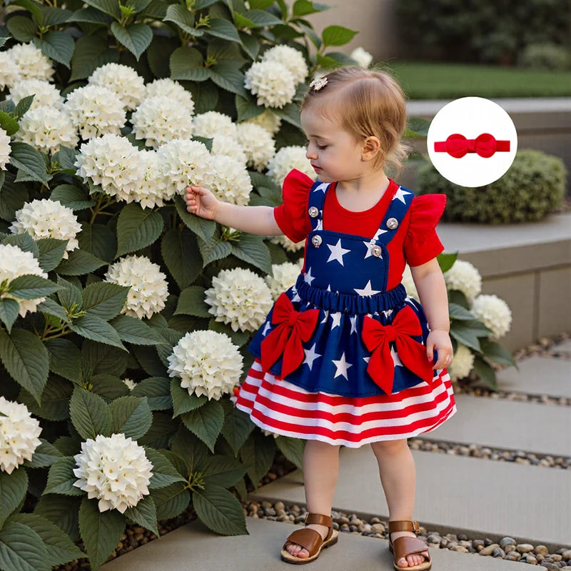 Toddler Girls Independence Day Clothing Set with Headband Outfit - Ky Ky Kiwi