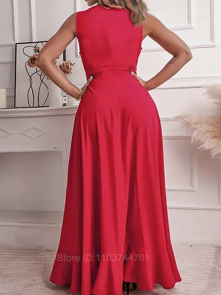 Women Evening Dresses Elegant Party Dresses Women Summer Deep V Neck Sleeveless A-Line Long Dress Solid Red Cocktail Dresses