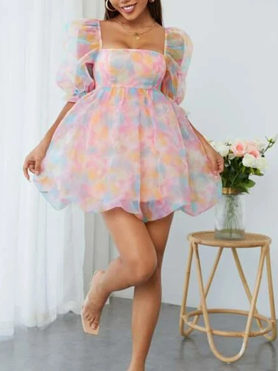 Women s Summer Casual A-line Dress Short Puff Sleeve Square Neck Colorful Pattern Print Dress