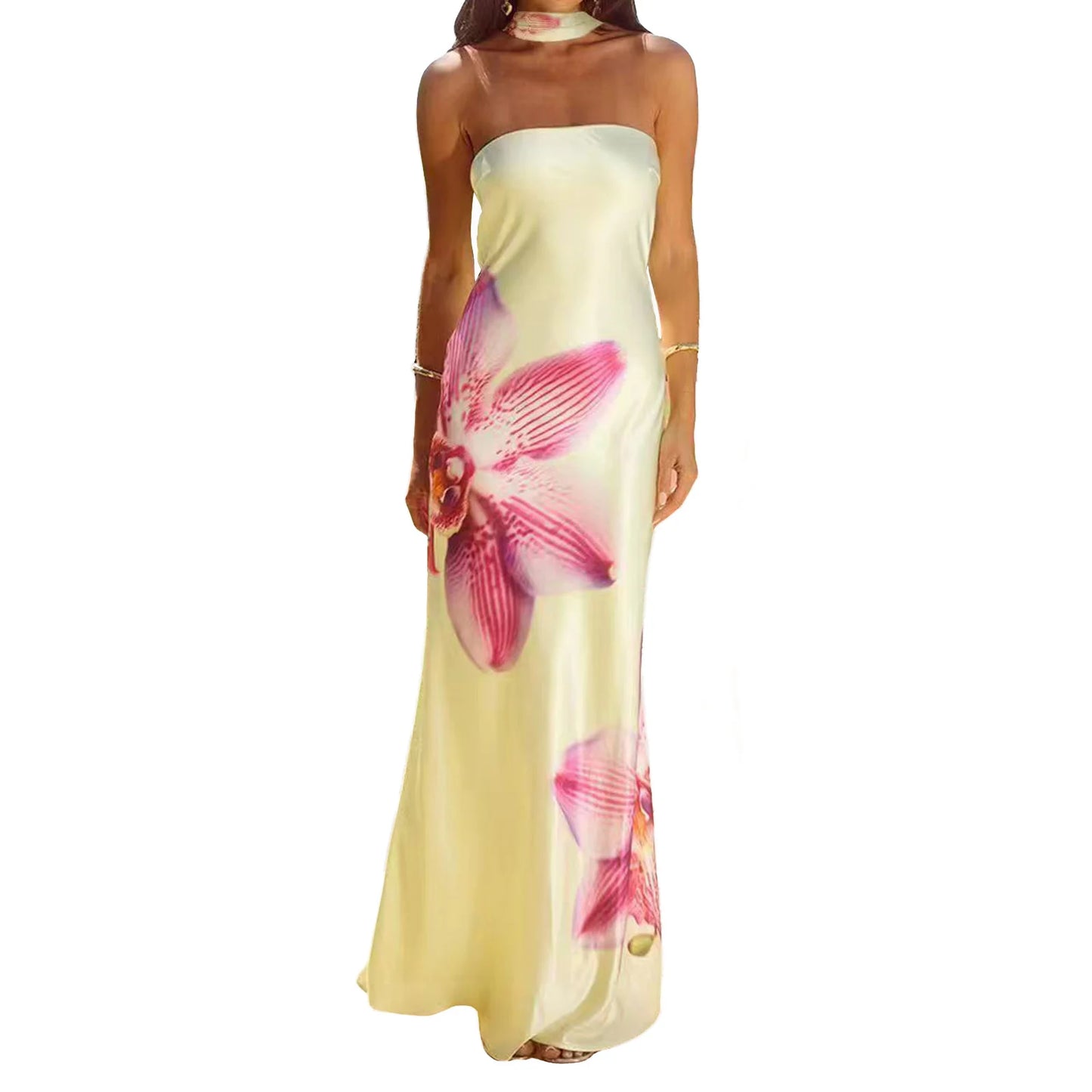 Elegant Off-Shoulder Maxi Dress with Floral Print and Matching Shawl Women s Sleeveless Summer Gown for Special Occasions