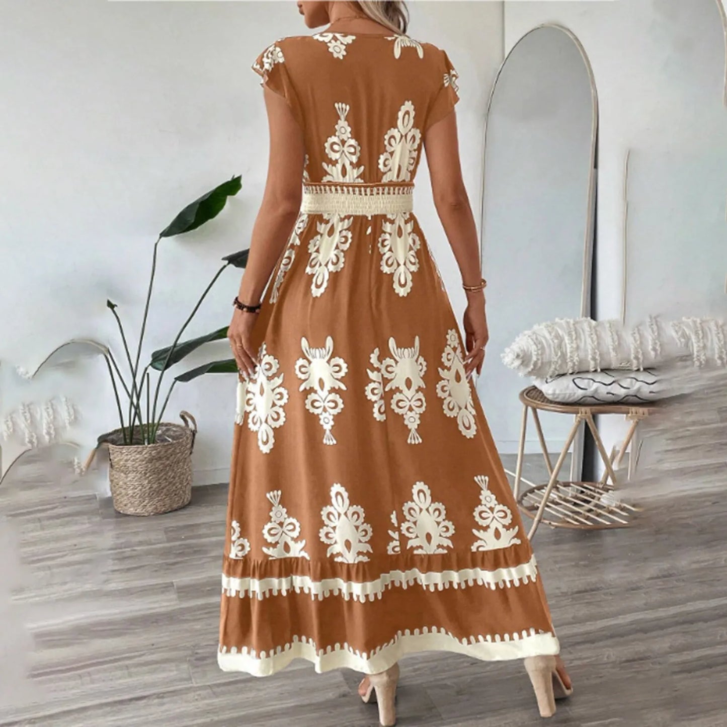 Fashion Sleeveless Maxi Boho Dress Women 2025 Summer Print Waist Bohemian Elegant Short Sleeve Dresses For Women Robe Femme