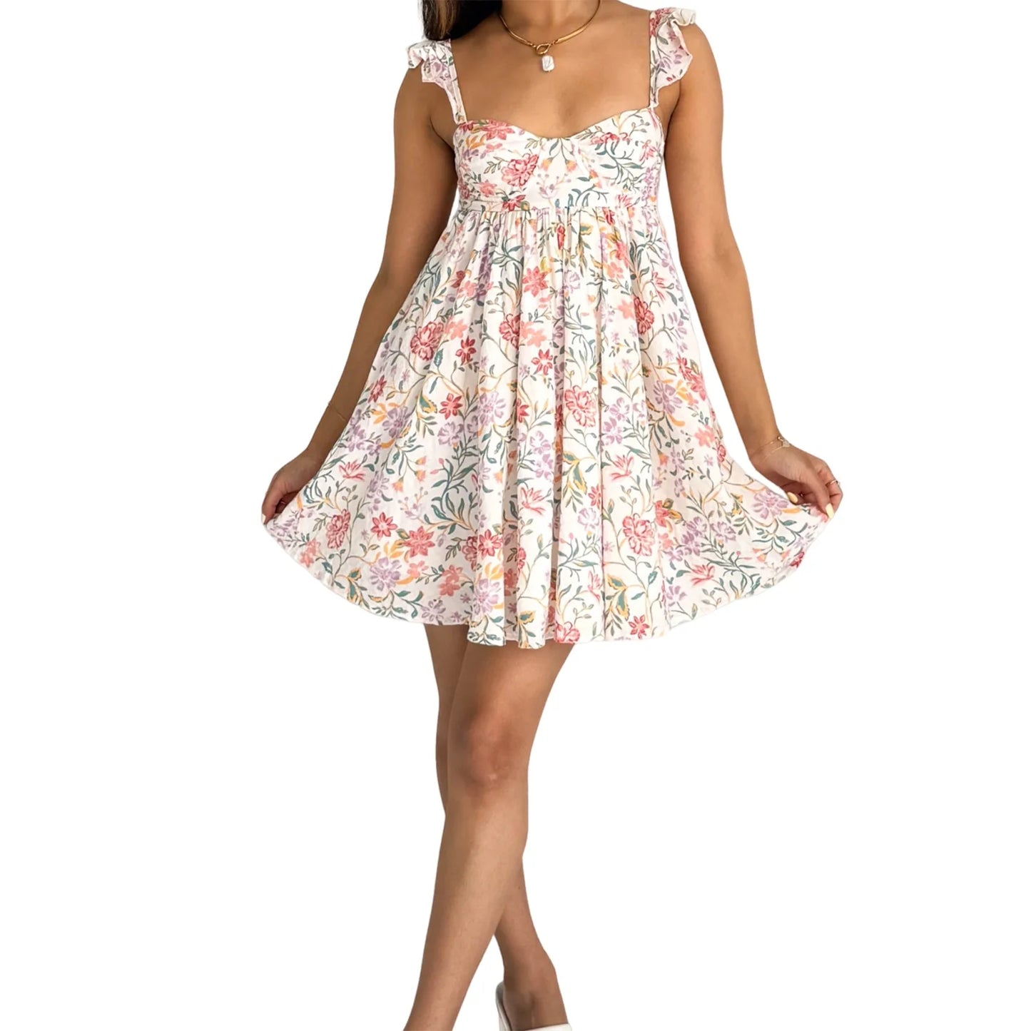 Women V-Neck Maxi Dress Sleeveless Ruffle Floral Print Boho Beach Dress Summer Casual Long Dress with Pockets