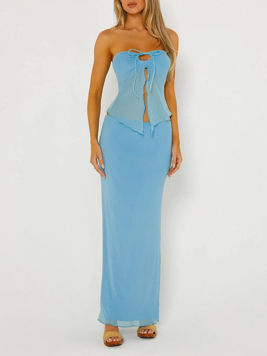 Women 2 Piece Outfits Drawstring Cutout Split Bandeau and Elastic Pencil Skirt Set for Streetwear Aesthetic Clothes