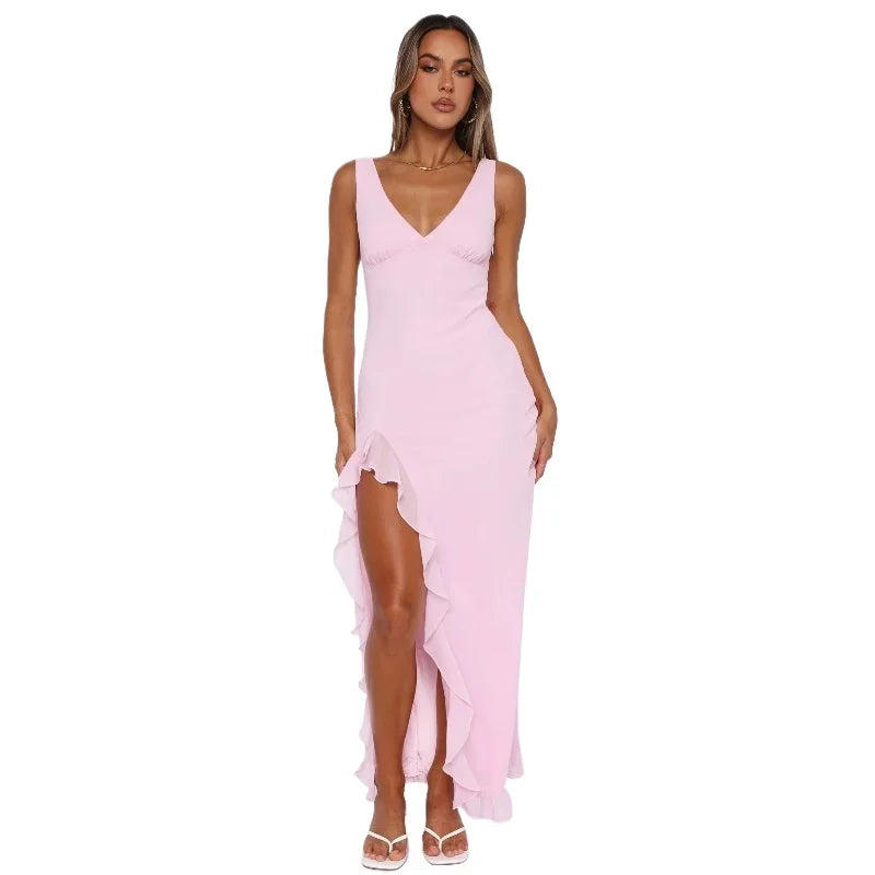 Ruffle Sexy Dresses Elegant Sleeveless cocktail dresses Solid Color V Neck Split Wooden Ear Long Club Party Evening Dresses
