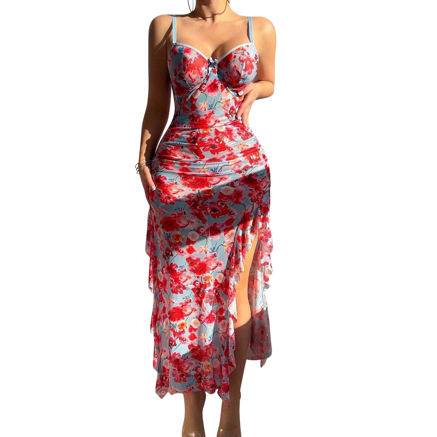 Women s Lace Trimmed Satin Nightgown Spaghetti Strap Chemise Dress Floral Print Sleepwear Lingerie Nightdress Midi