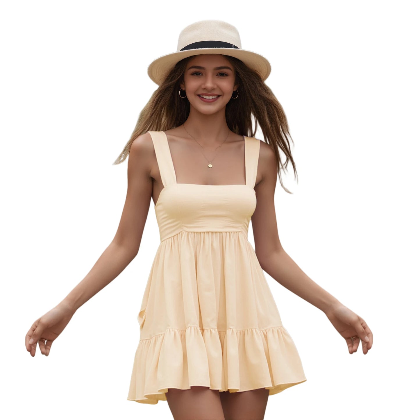 Women s Elegant Sleeveless V-Neck Ruffle Tiered Mini Dress with Open Back and Pockets - Chic A-Line Summer Dress