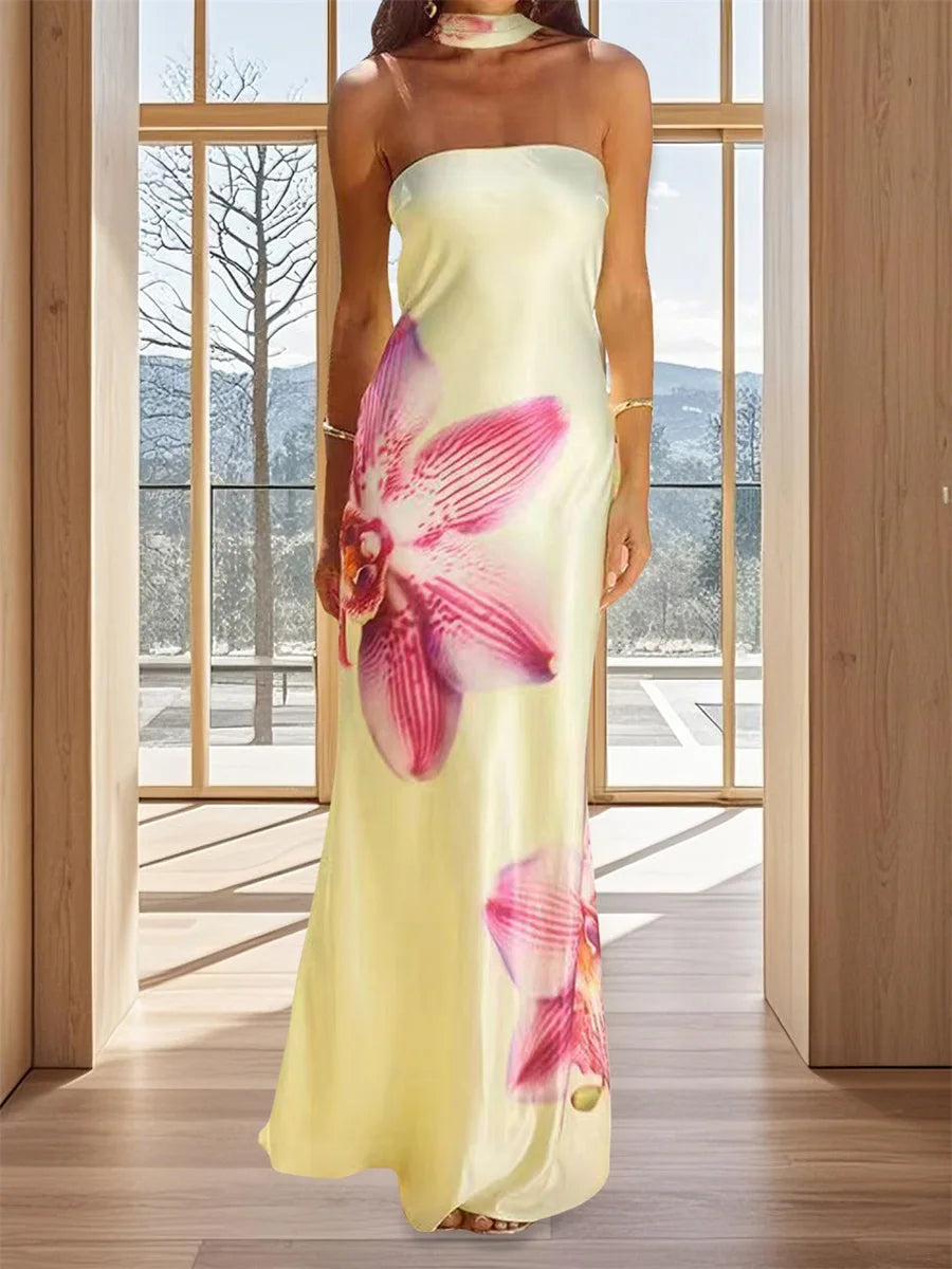 Elegant Off-Shoulder Maxi Dress with Floral Print and Matching Shawl Women s Sleeveless Summer Gown for Special Occasions