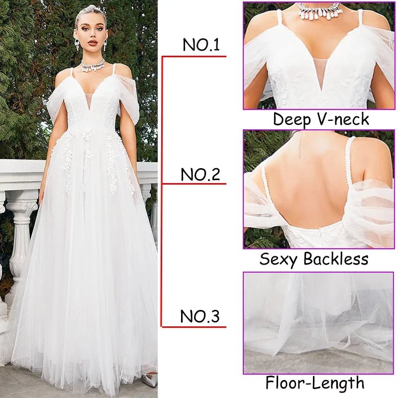 Wedding Dress Flower Lace Embroidery Bride Wedding Maxi Dress White Bridesmaid Tulle Gown Long Dress Evening Party Princess Wear