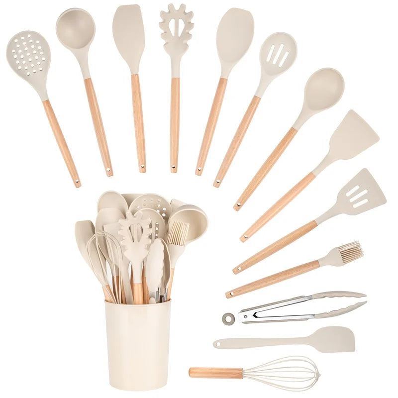 14pcs Kitchen Cooking Utensil Set with Caddy Heat Resistant Silicone Tools Non Stick Cookware Food Safe BPA Free Dishwasher Safe