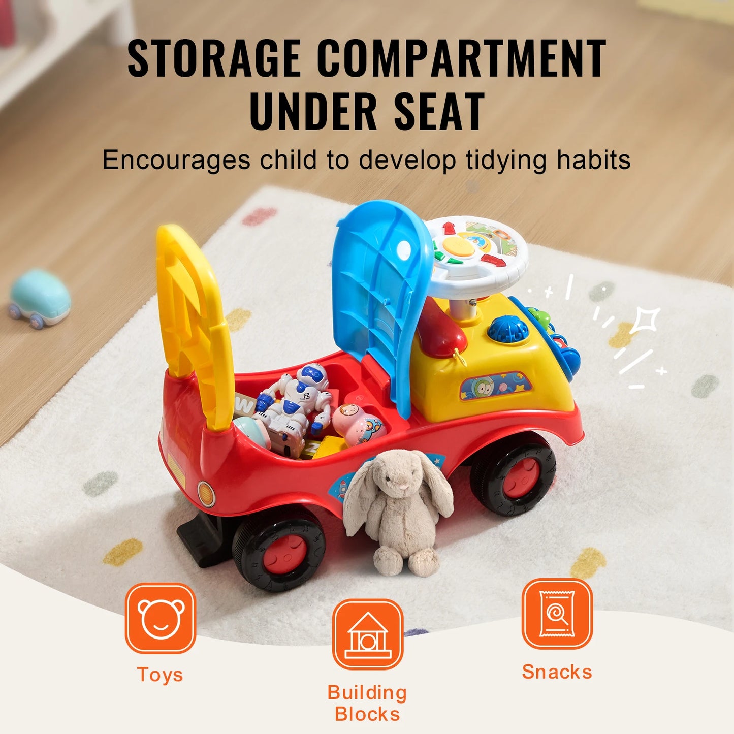 VEVOR Toddler Ride On Push Car Sit to Stand Kids Ride On Toy Car with Music Steering Wheel Seat Storage for Toddlers Ages 1-3