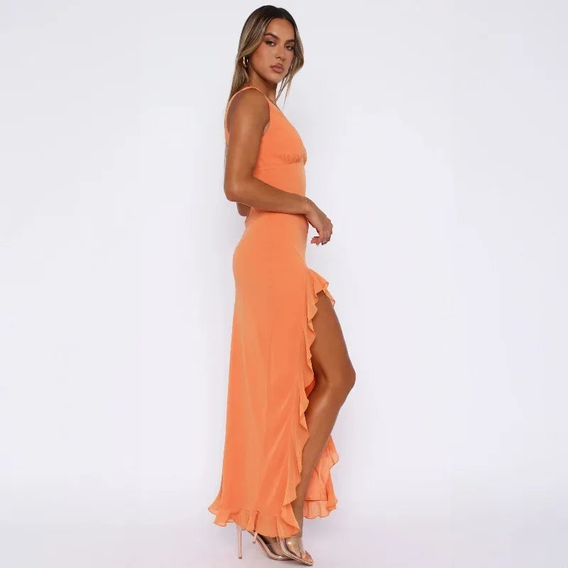 Ruffle Sexy Dresses Elegant Sleeveless cocktail dresses Solid Color V Neck Split Wooden Ear Long Club Party Evening Dresses