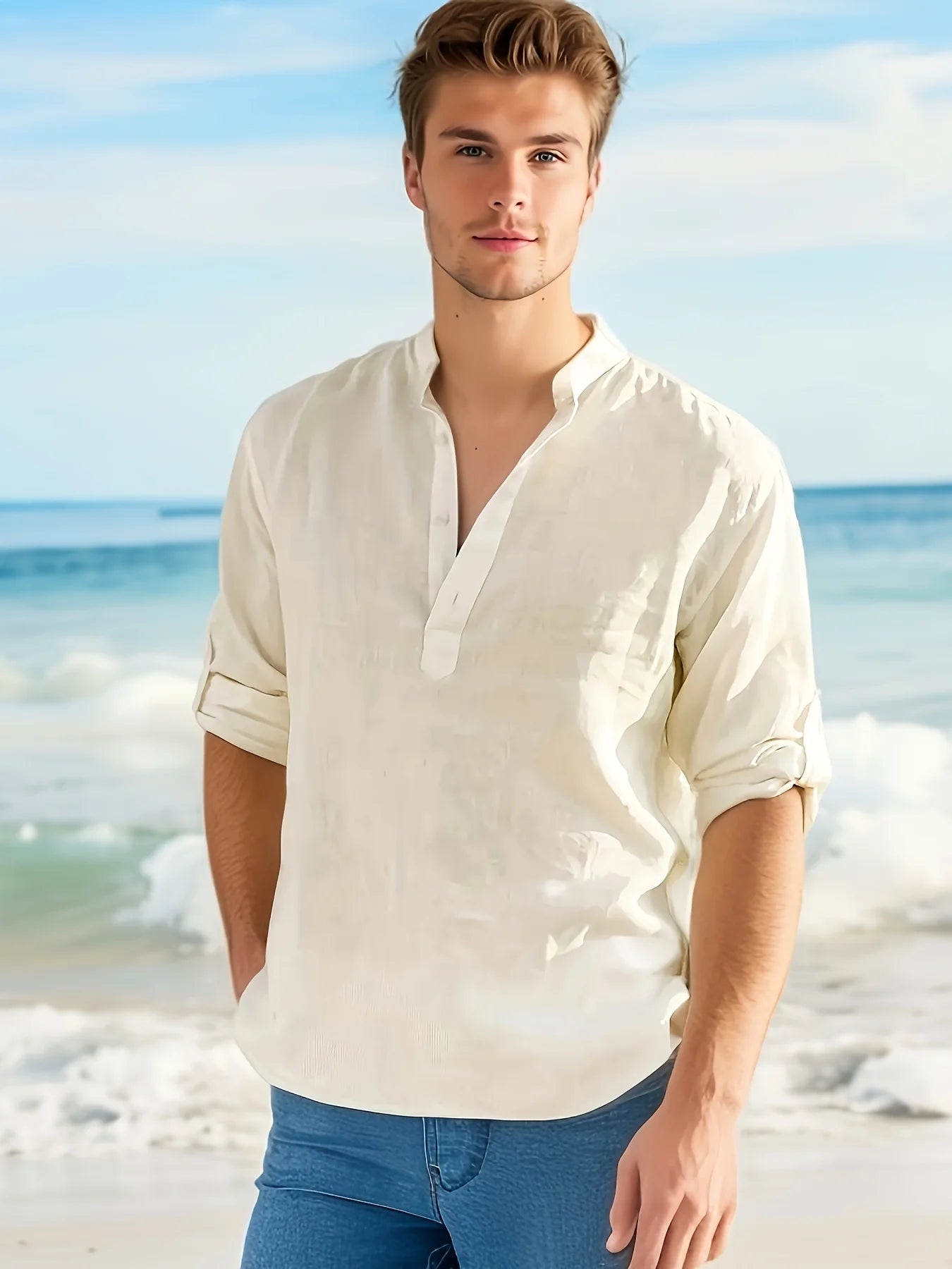 Men's Linen Stand Collar Long Sleeve T-Shirt for Summer - Ky Ky Kiwi