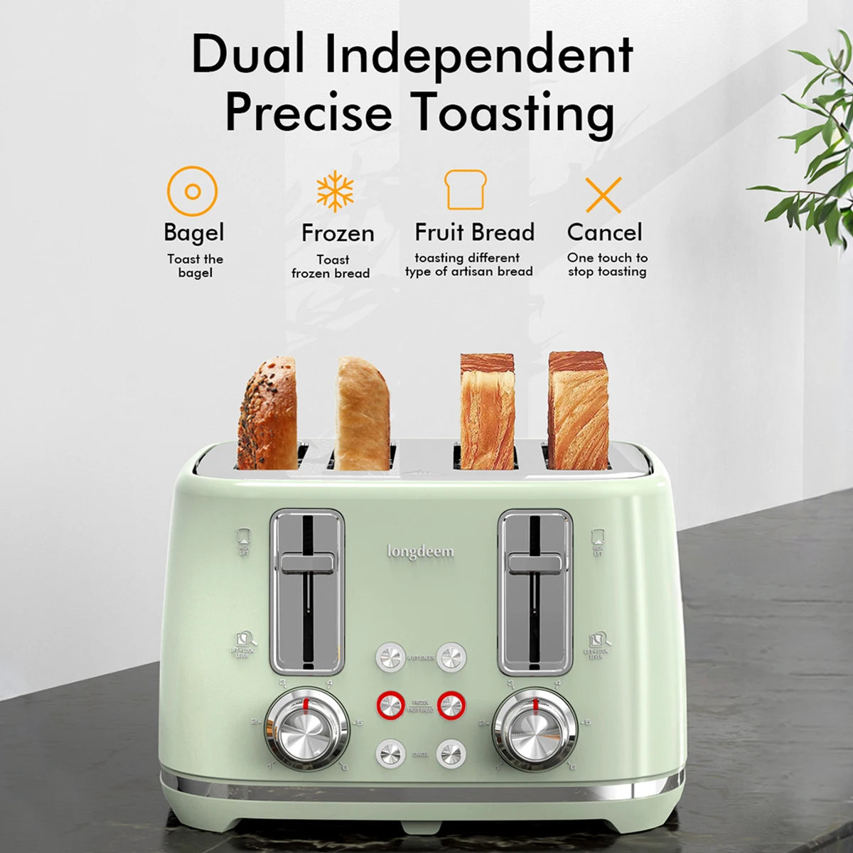 4 Slice Toaster, Extra Wide Slots, Retro Stainless Steel Toasters, 6 Browning Options, Auto Shut Off & Frozen Function, Green