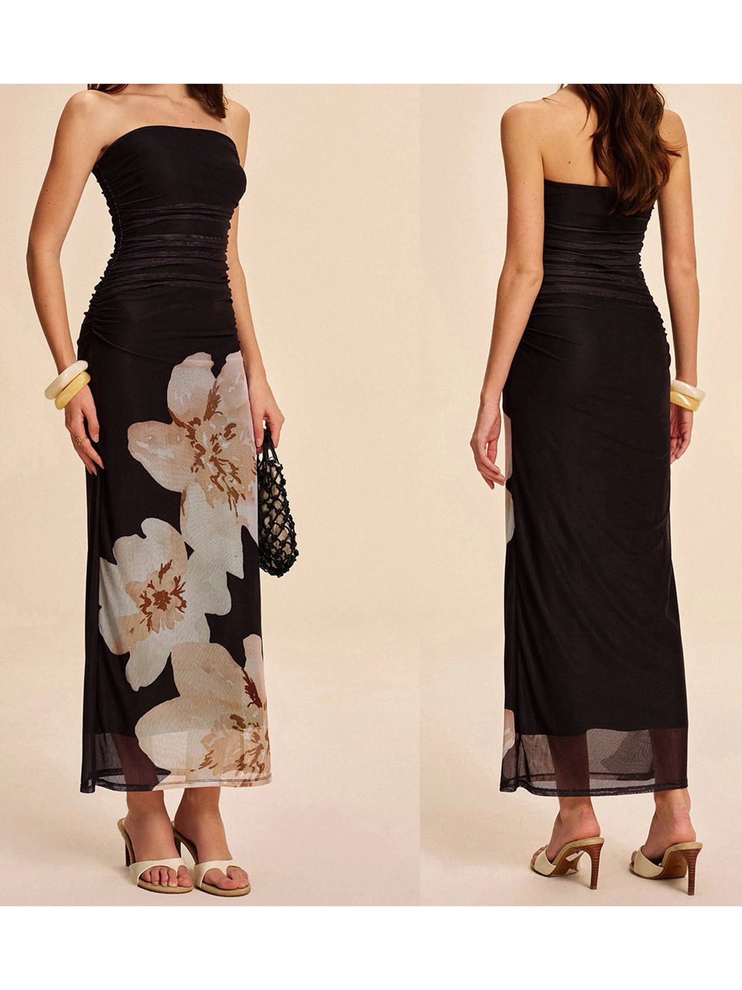 Women Floral Print Maxi Dress Sexy Off Shoulder Sleeveless Backless Evening Gown Summer Beach Party Dress