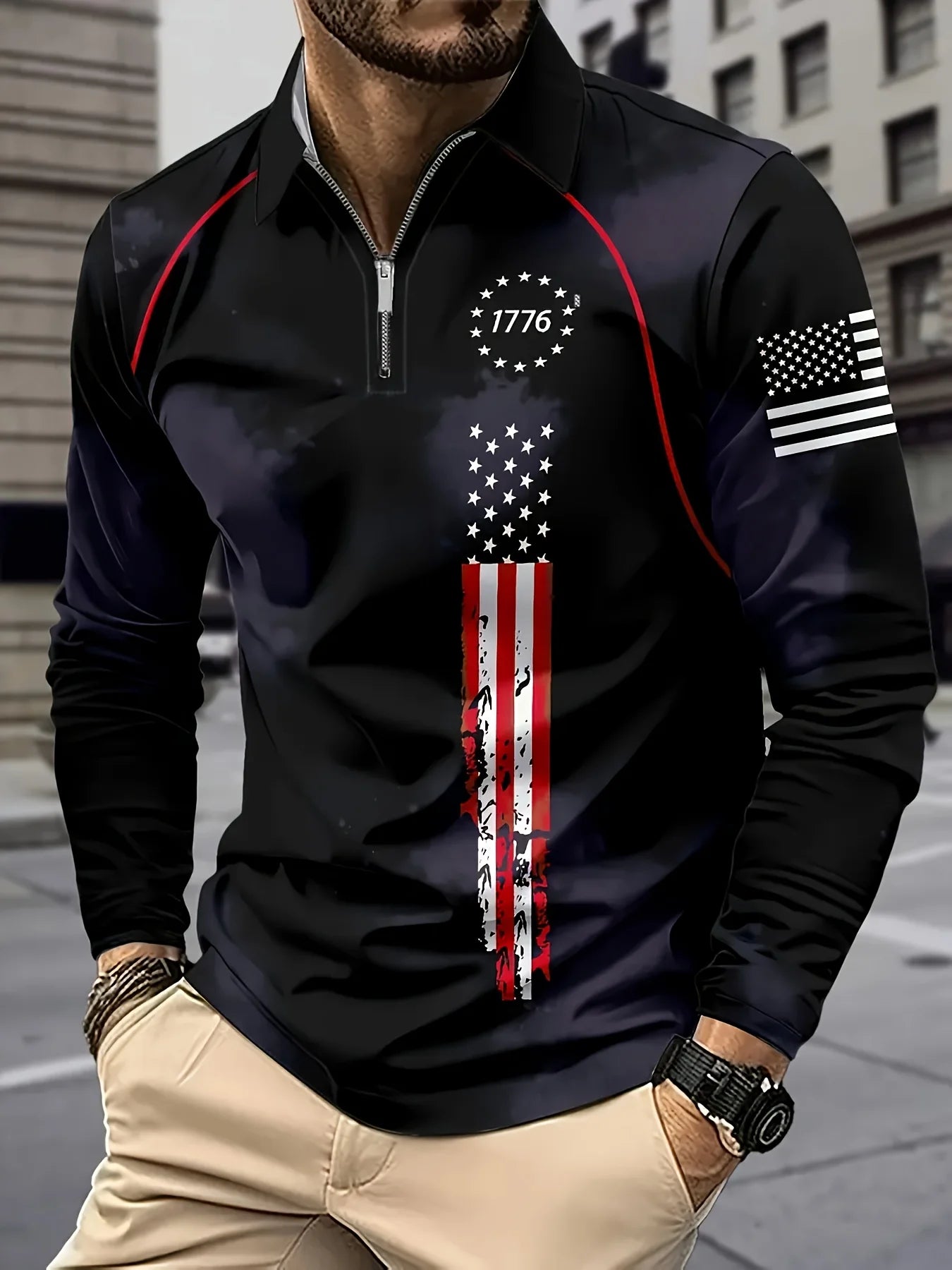 Men's American Flag Print Golf and Tennis Quarter Zip Shirt - Ky Ky Kiwi