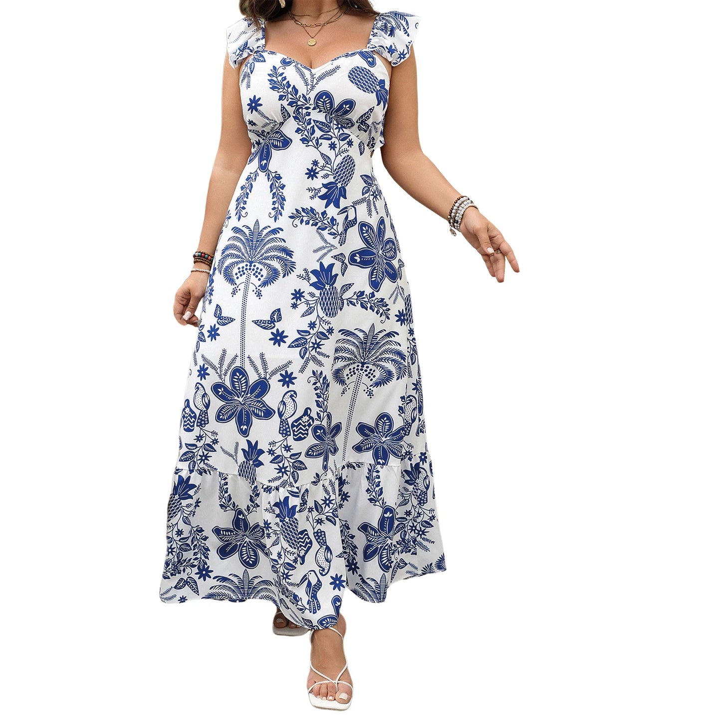 Elegant Women s Summer Dress with Floral Print V Neckline Sleeveless Design and Backless Detail in Plus Size A-Line