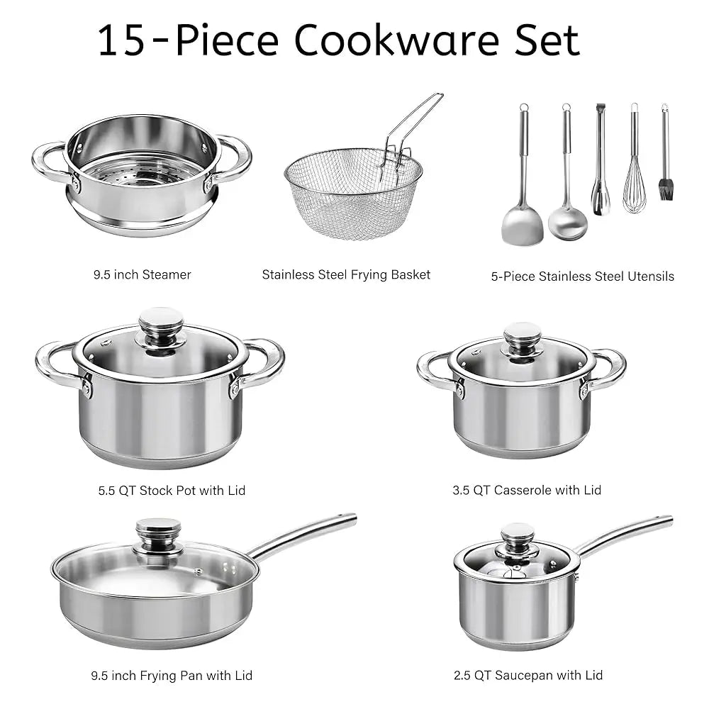 15-Piece Stainl Steel Pots And Pan Set, Kitchen Cookware Set Lude Steamer, Frying Basket And Utensil Sets, Non Toxic,