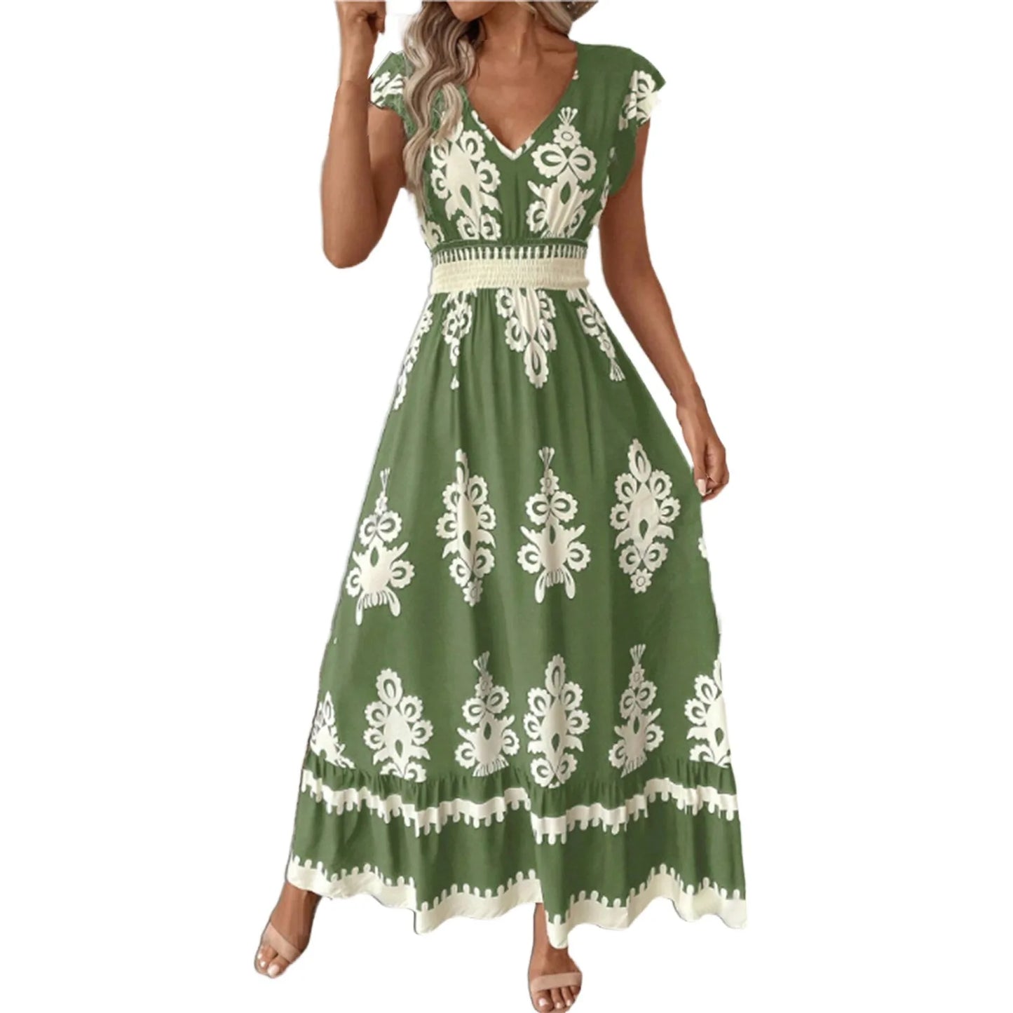Fashion Sleeveless Maxi Boho Dress Women 2025 Summer Print Waist Bohemian Elegant Short Sleeve Dresses For Women Robe Femme