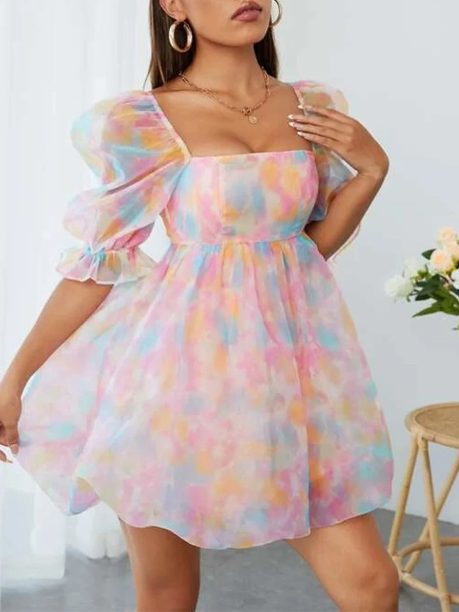 Women s Summer Casual A-line Dress Short Puff Sleeve Square Neck Colorful Pattern Print Dress