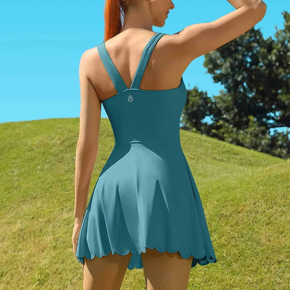 Anfilia Women's Tennis Dress with Scalloped Neckline and Pockets - Ky Ky Kiwi