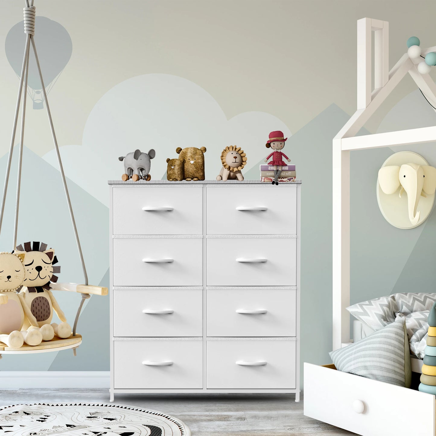 JHK Children's Bedroom Wardrobe With 8 Fabric Drawer Storage - Ky Ky Kiwi