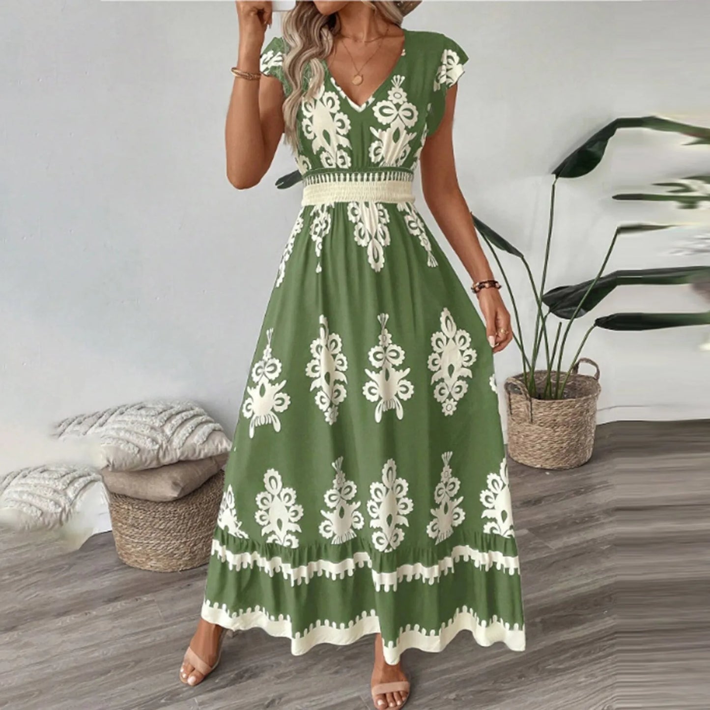 Fashion Sleeveless Maxi Boho Dress Women 2025 Summer Print Waist Bohemian Elegant Short Sleeve Dresses For Women Robe Femme