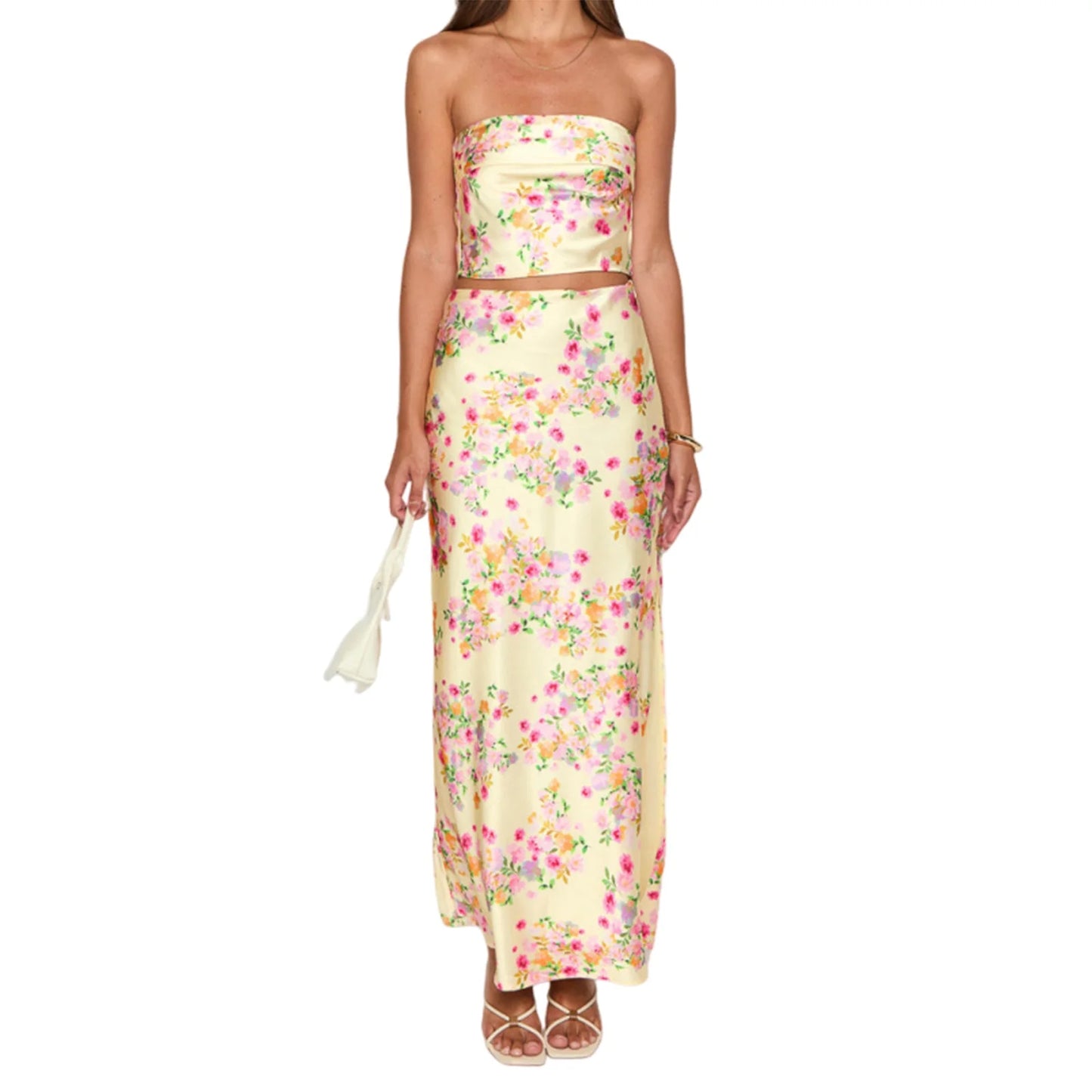 Elegant Floral Print Off-Shoulder Top and High Slit Maxi Skirt Set for Women s Summer Fashion Look