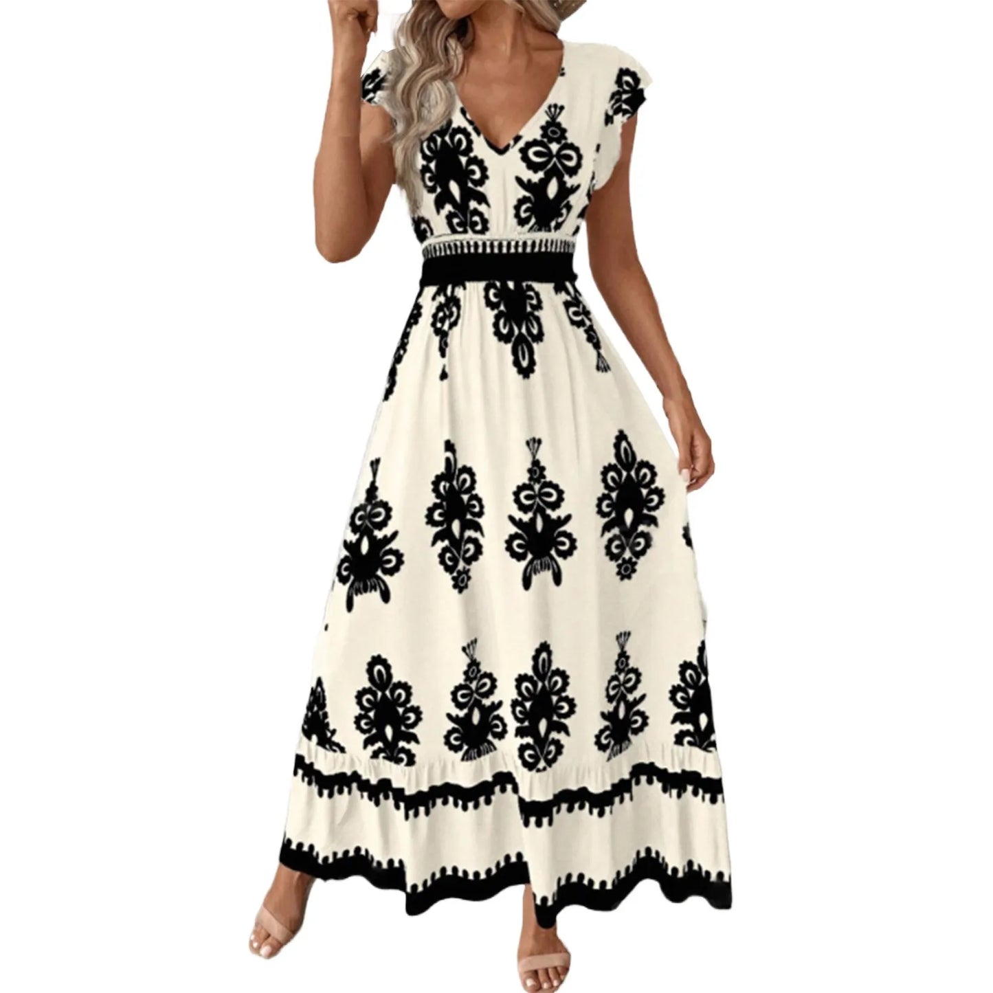 Fashion Sleeveless Maxi Boho Dress Women 2025 Summer Print Waist Bohemian Elegant Short Sleeve Dresses For Women Robe Femme