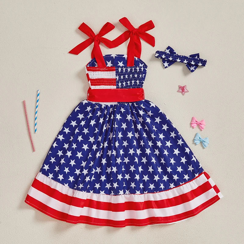 Girls American Flag Ruffle Dress with Matching Headband - Ky Ky Kiwi